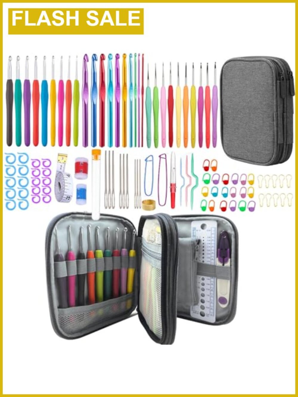 100pc Crochet Hooks Set Ergonomic Soft Grip Handles Aluminum Needles Kit Case